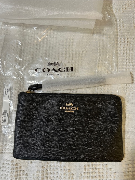 Coach Handbags - NWT Coach Black Leather Zip Wristlet with Gold Logo